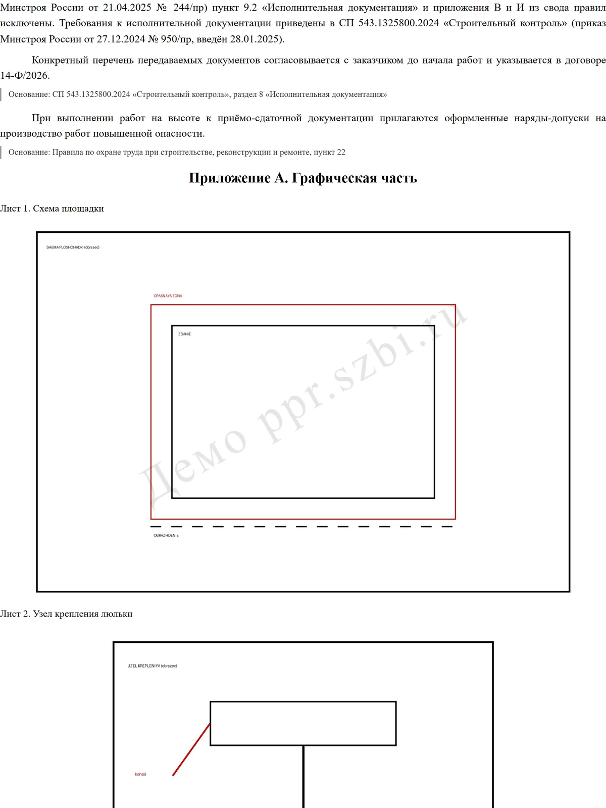 Лист приложения А в готовом документе: схема площадки с подписью