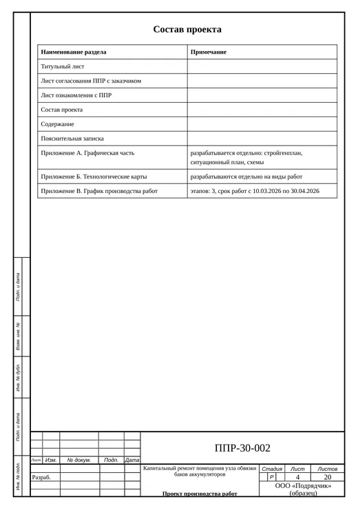 Страница проекта производства работ